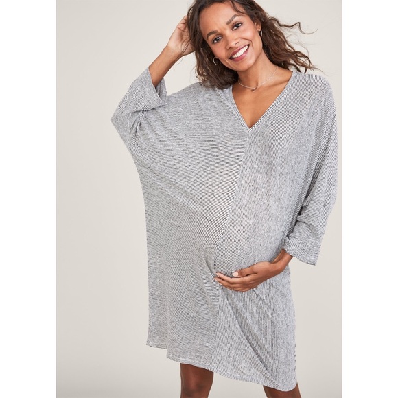 Hatch Maternity The Maley T-Shirt Linen Mini Dress in Black & White Micro Stripe - Picture 2 of 9